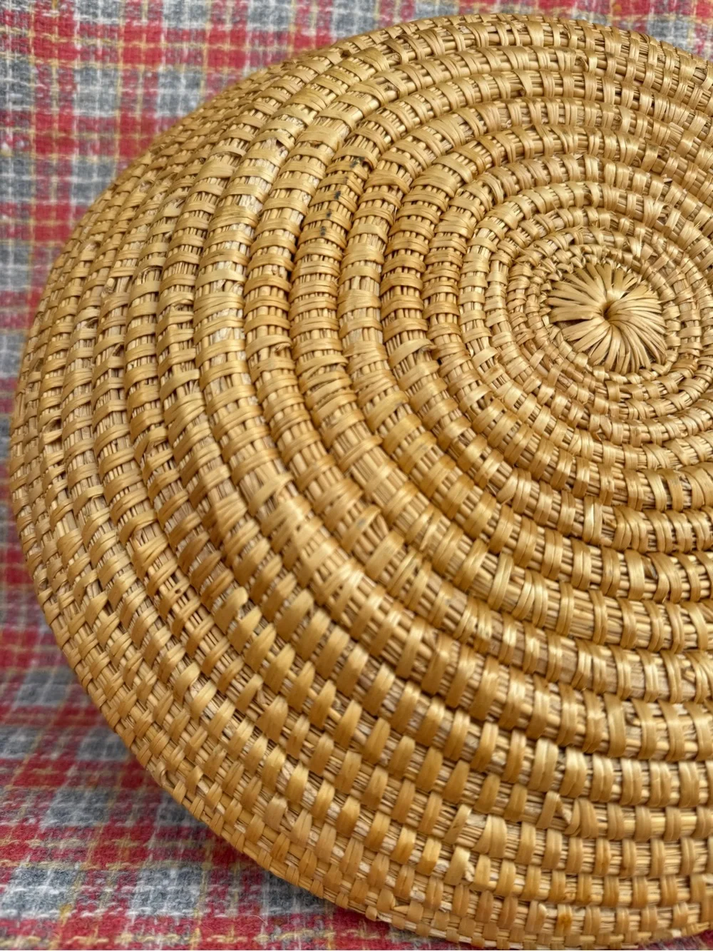 Vintage coiled woven straw basket tray round boho wall decor